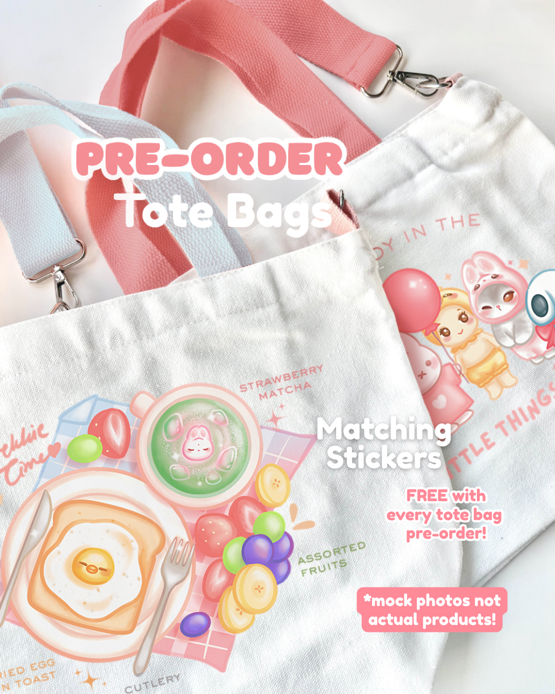 Tote bags with colorful designs and text about pre-ordering and free stickers with purchases.